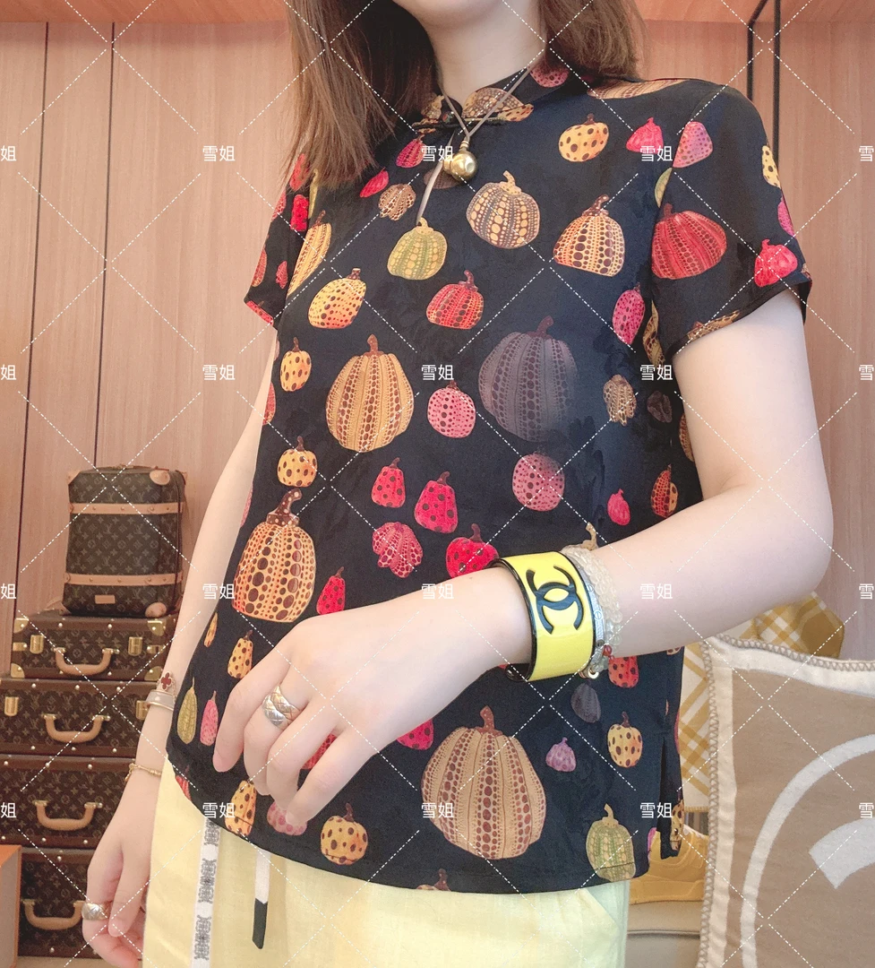 雪姐服饰「瓜田小衫T」复古国风印花立领盘扣小衫轻薄百搭上衣