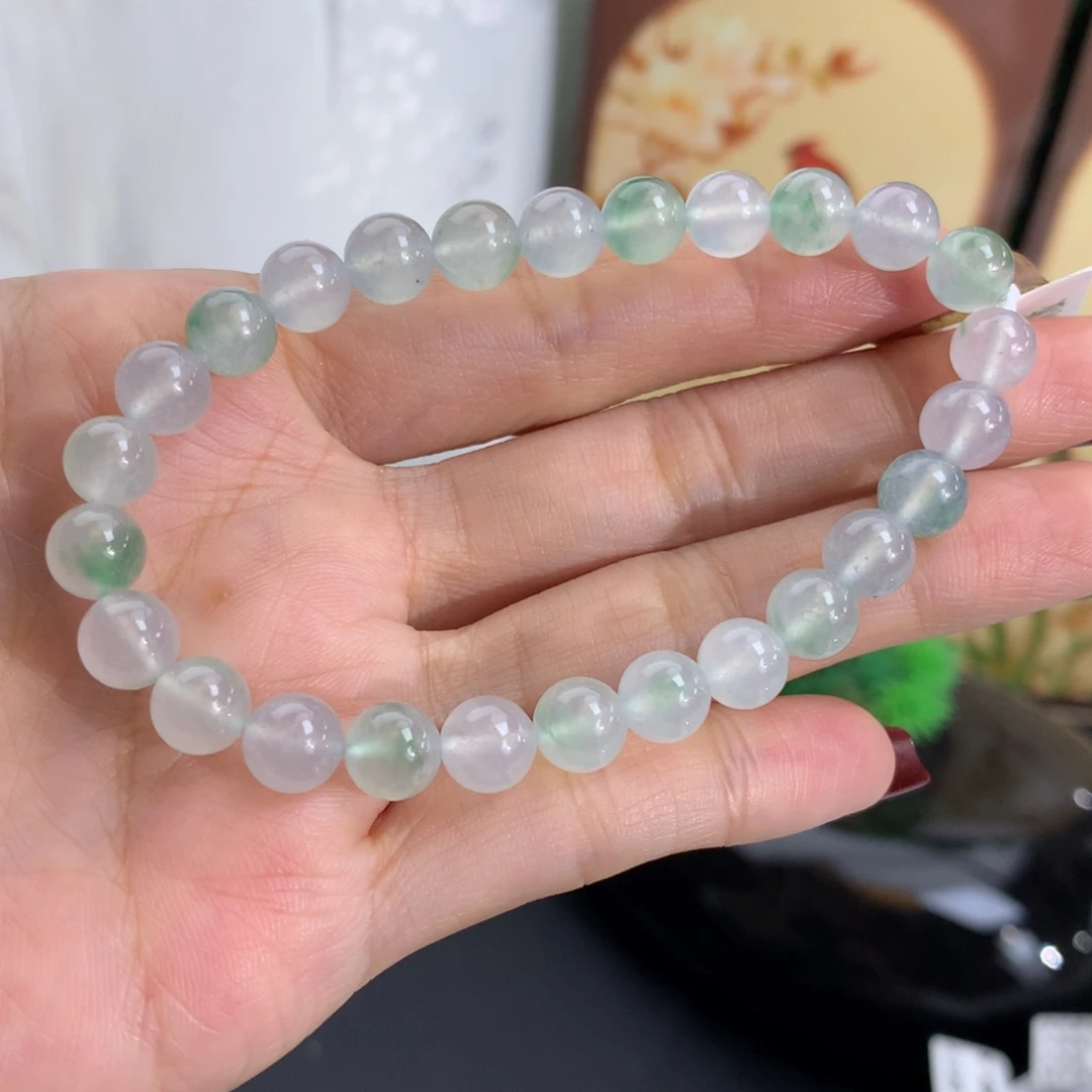 翡翠未镶嵌手串卡7冰种飘绿花手串