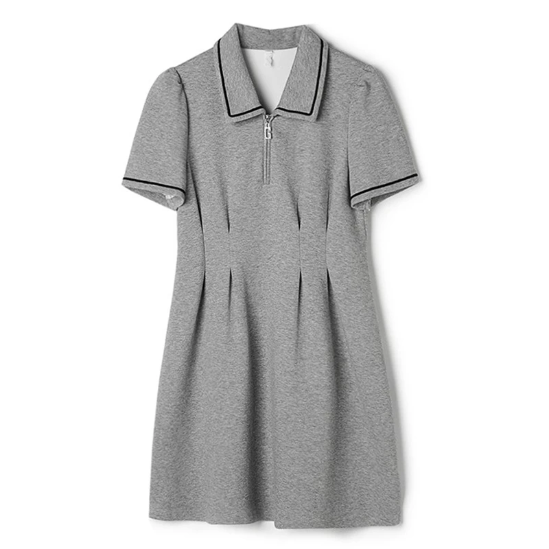 YS3211女装夏季中长裙灰色季黑色A字polo时尚夏季洋气连衣裙