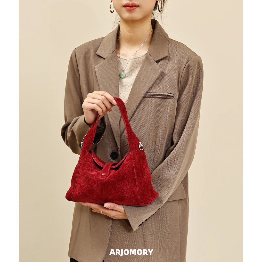 高级感头层麂皮绒红色手提包女2025秋冬新款单肩斜挎女包