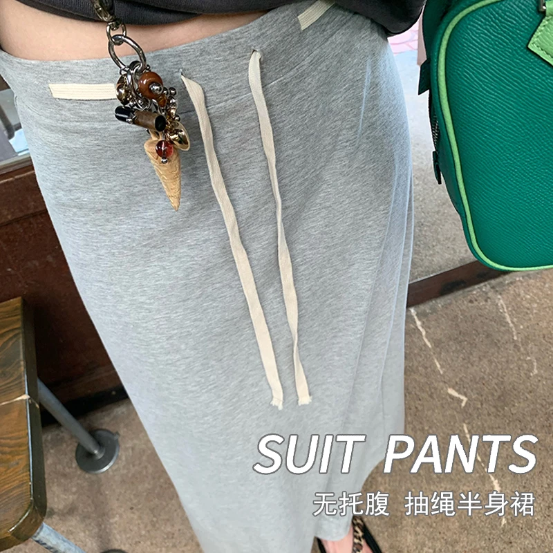 孕妇小个子垂坠感黑色抽绳半身裙2025夏季长款慵懒风显瘦高腰半裙