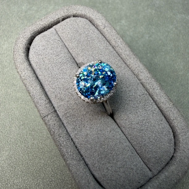 925银戒指大颗粒圣玛利亚色海蓝宝戒指活口可调节简约大方