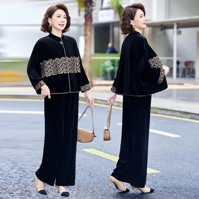 妈妈春装外套2025新款新中式金丝绒套装中老年女春秋大码唐装上衣