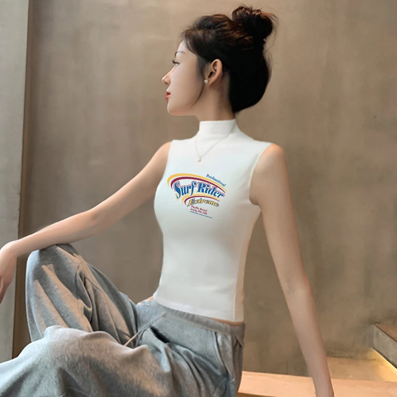 莫代尔半高领白色短款打底内搭女夏季吊带背心紧身印花无袖上衣潮