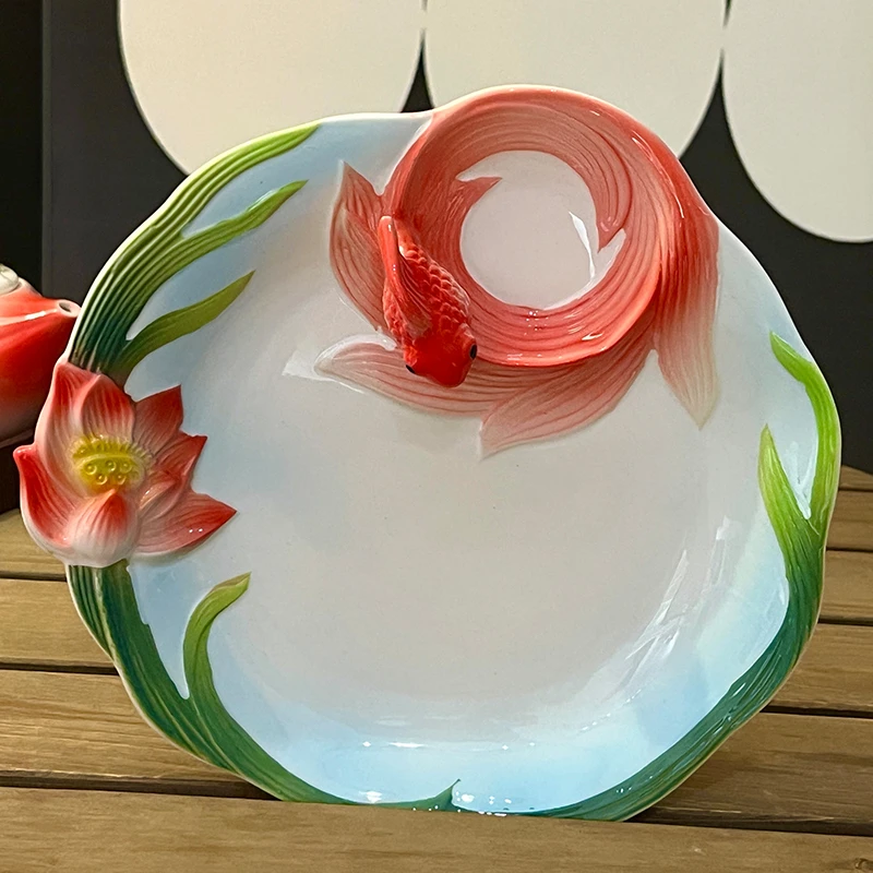品牌手绘珐琅瓷中式吉祥鱼寓意创意饺子盘子家用釉下彩餐碟微波炉