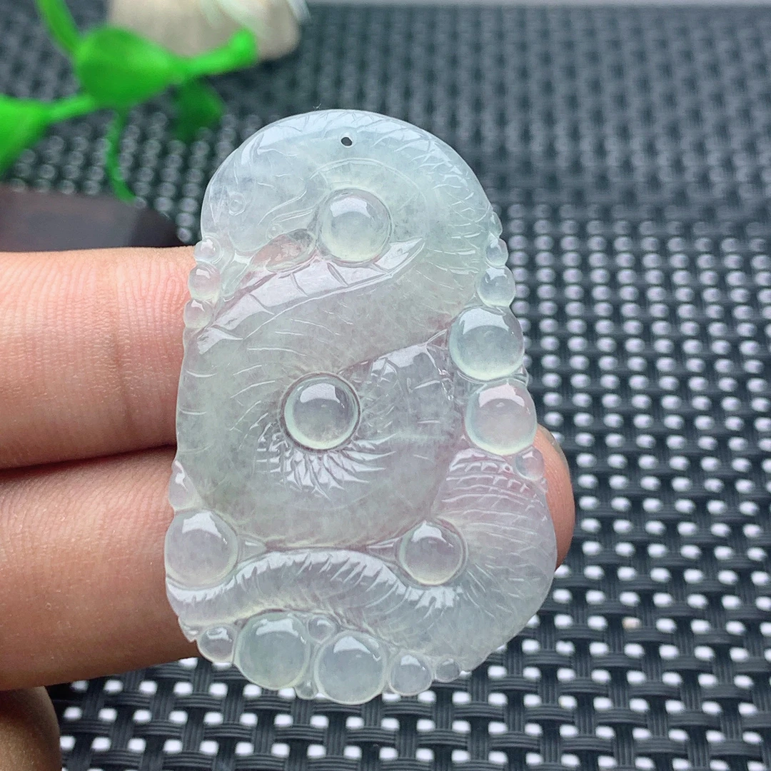 缅甸a货天然翡翠白冰种水薄款生肖蛇牌挂件吊坠冰透挂坠精雕俏色