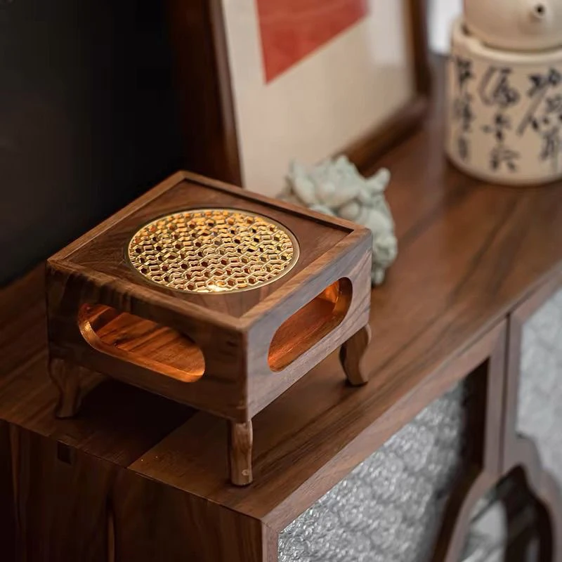 北美胡桃木蜡烛温茶炉温茶台底座围炉煮茶实木温茶器温茶座烘茶炉