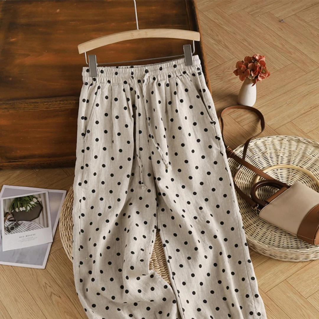 外贸出口法国波点汉麻阔腿裤女秋夏文艺复古点点裤宽松九分哈伦裤