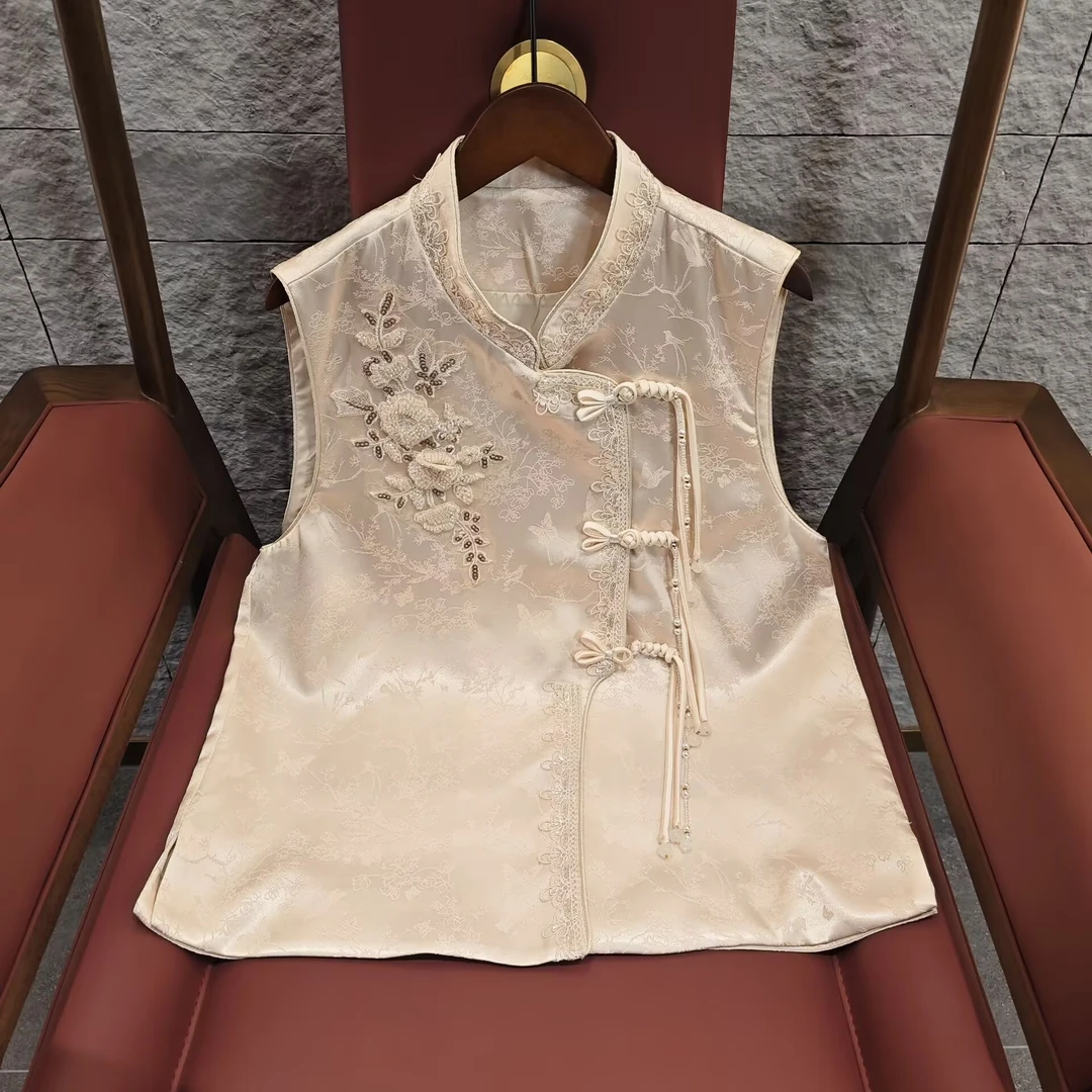 【粉嫣】2025春季新款国风马甲新中式宽松立领提花手工串珠马夹外套