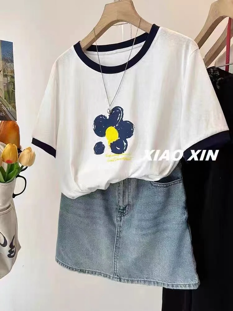 韩国漂亮 大花朵撞色圆领白色短袖T恤女 夏季薄款雪花棉休闲上衣