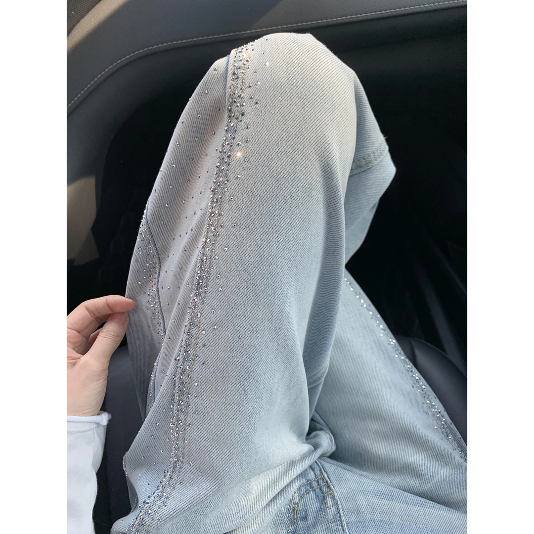 夏季浅蓝色重工烫钻牛仔裤女美式高腰直筒显瘦宽松阔腿梧桐拖地裤