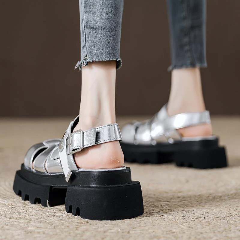 厚底银色包头凉鞋女2025年夏季新款小个子增高女鞋罗马运动休闲鞋