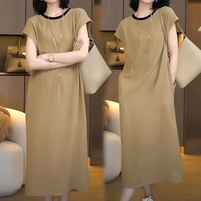 欧货小飞袖撞色小圆领遮肉连衣裙女夏季2025新款宽松显瘦长款裙子