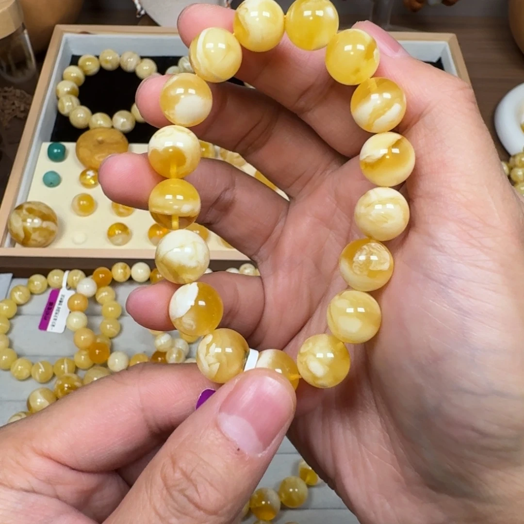 蜜蜡未镶嵌手链12金瓷白金桔白蜡妖孽17克