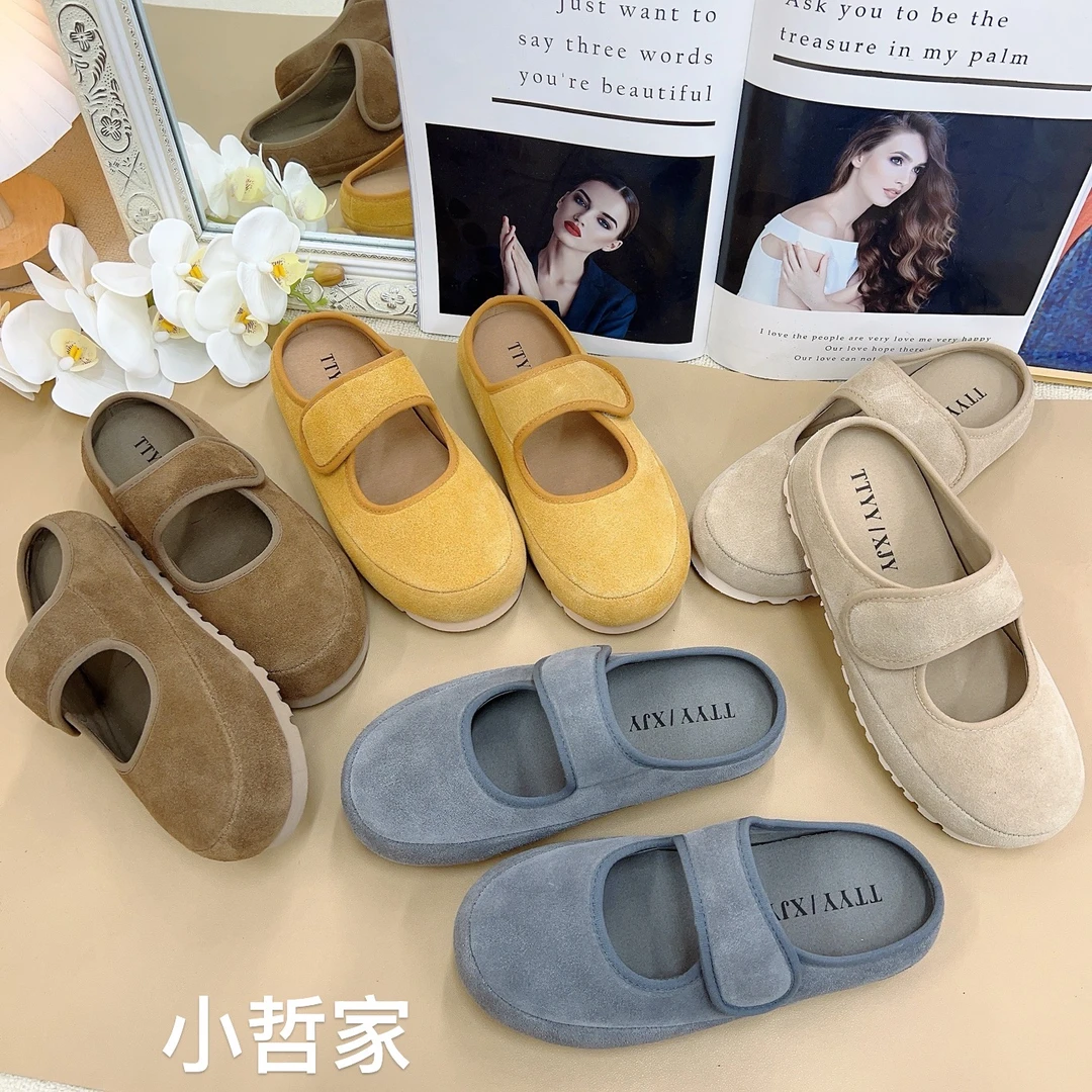 韩版早春新款真皮平底时尚洋气淑女浅口设计师款玛丽珍包头拖鞋