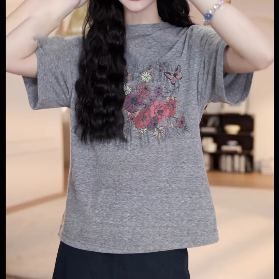 2025春夏新款落肩宽松圆领短袖T恤衫复古印花上衣LK2501338