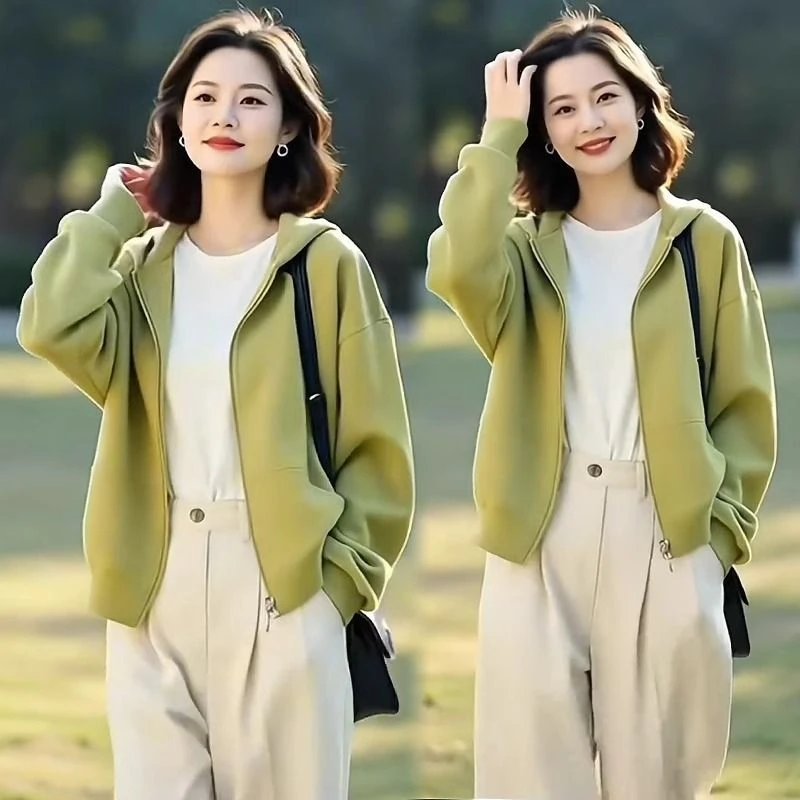 【婉如新生】大码宽松卫衣女秋冬新款中老年妈妈装纯色连帽休闲外套