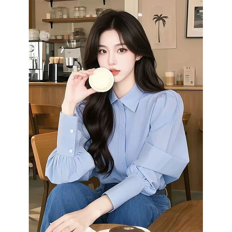 chic韩系气质蓝色翻领长袖衬衫女2025春季打底内搭叠穿高级感百搭