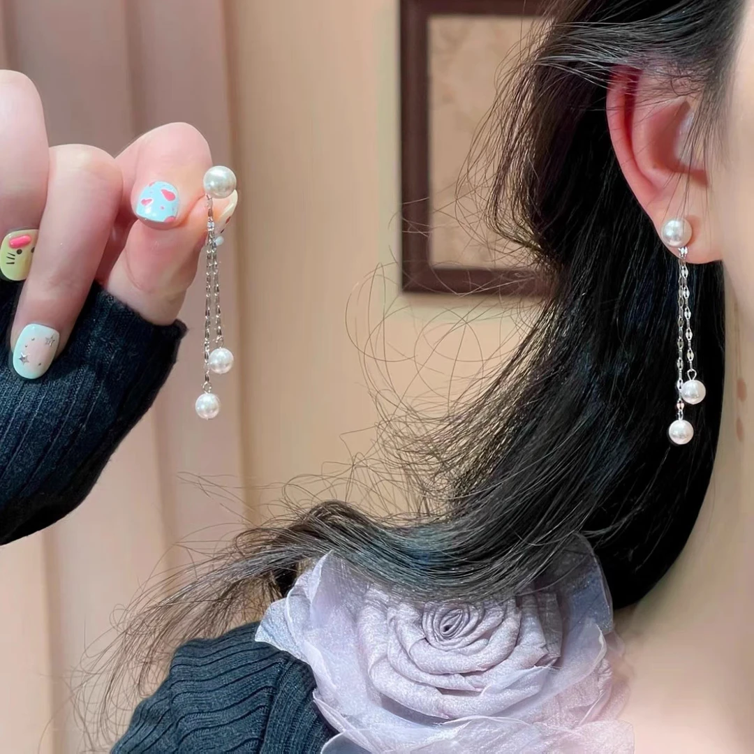 合金耳饰 一款两戴珍珠链条流苏耳钉女设计感小众复古气质耳环