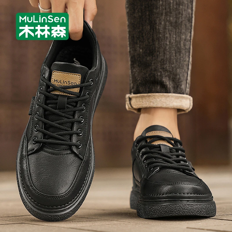 木林森男鞋2025新款透气一脚蹬复古板鞋男士休闲鞋秋季皮面工作鞋