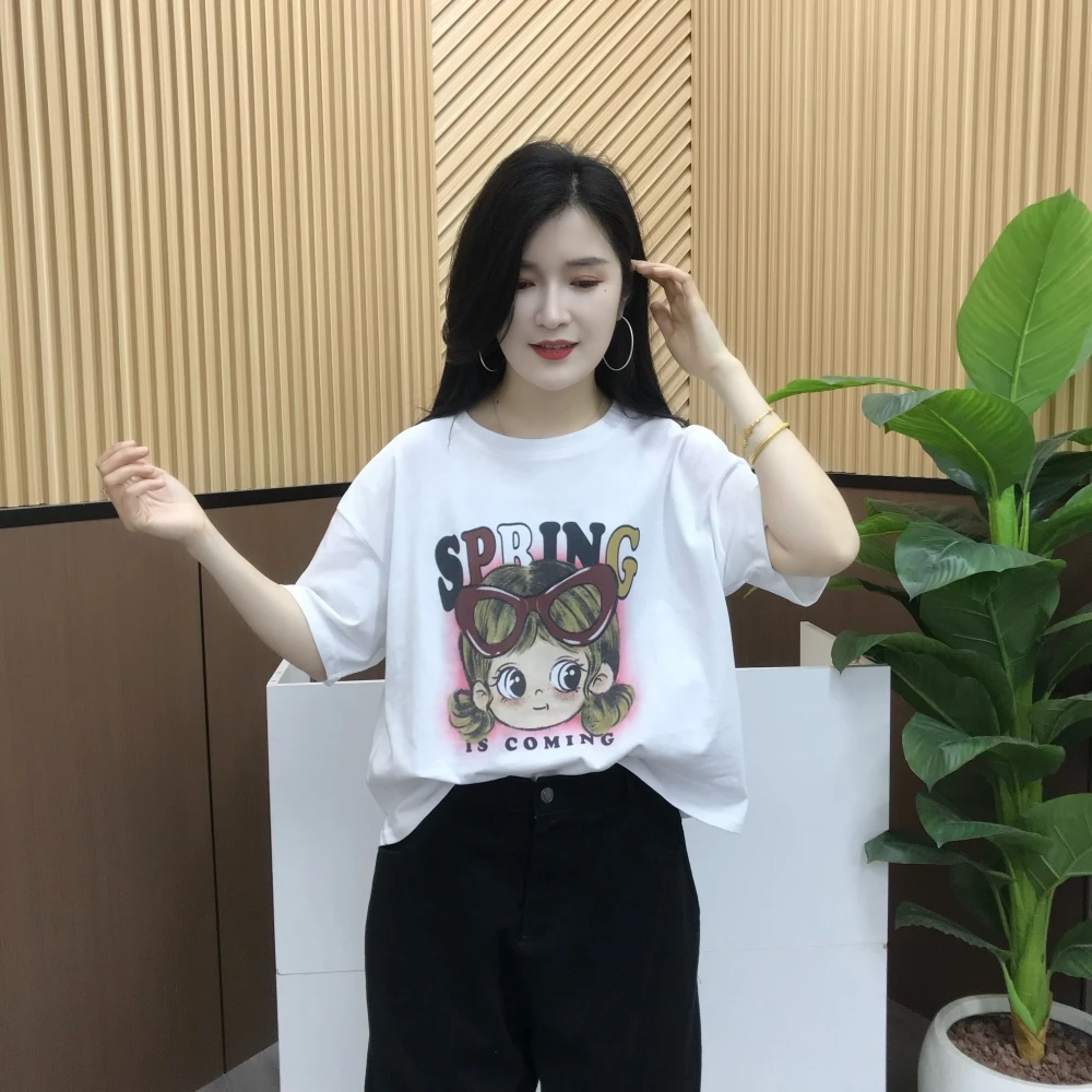 夏季新款韩版休闲时尚减龄可爱卡通图案宽松大码短袖T恤衫女hy45