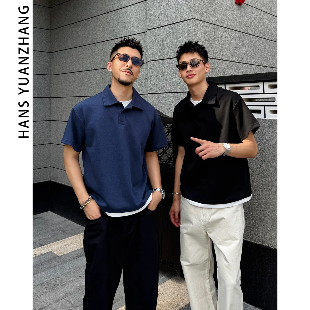 Hans院长 夏季重磅假两件纯色短袖宽松简约拼接上衣polp衫透气T恤