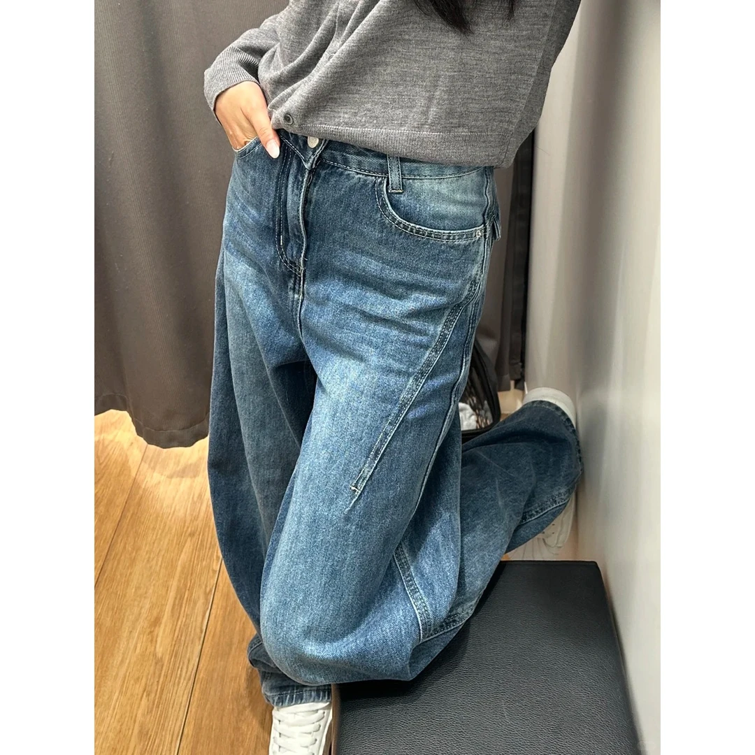 美式设计感牛仔裤女2025秋冬新款胖mm梨型身材高腰宽松显瘦阔腿裤