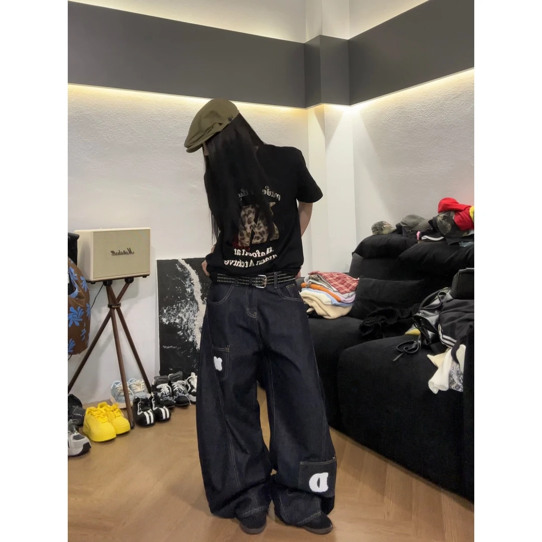 美式复古字母印花弯刀牛仔裤男女多口袋工装宽松阔腿裤