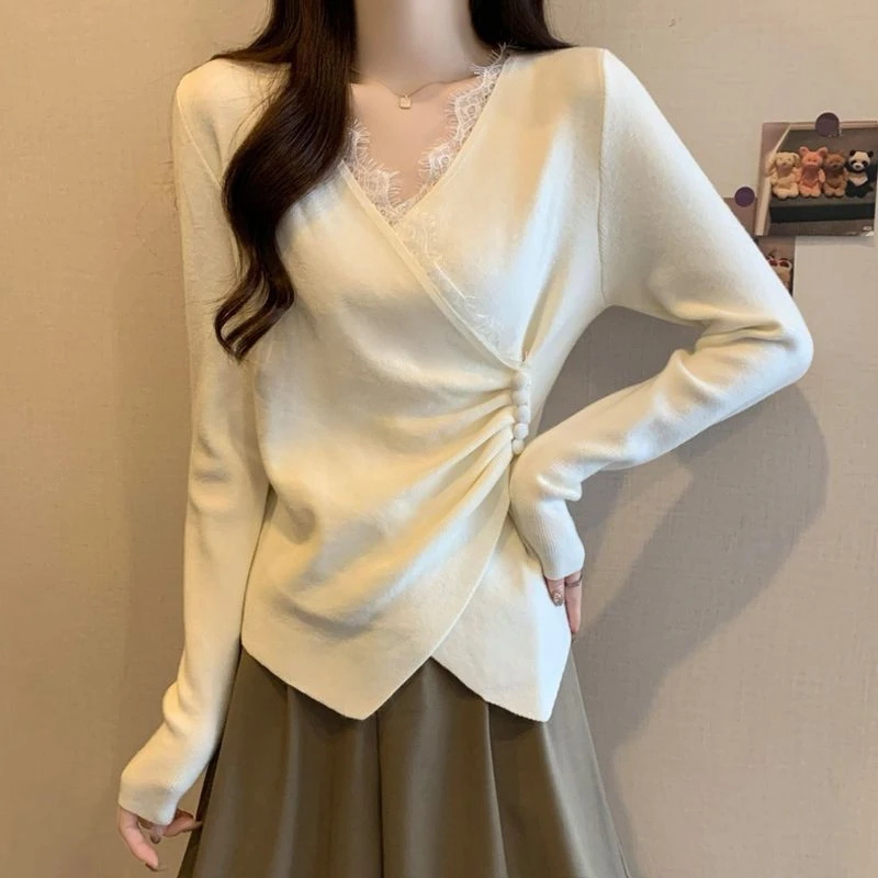 大码德绒设计感蕾丝拼接V领长袖T恤女秋冬季新款不规则交叉打底衫
