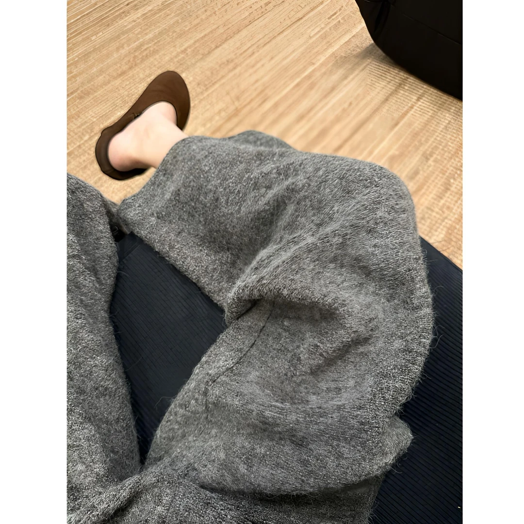 慵懒风灰色加厚圈圈毛呢糯米裤女秋冬新款大码宽松胖mm直筒阔腿裤