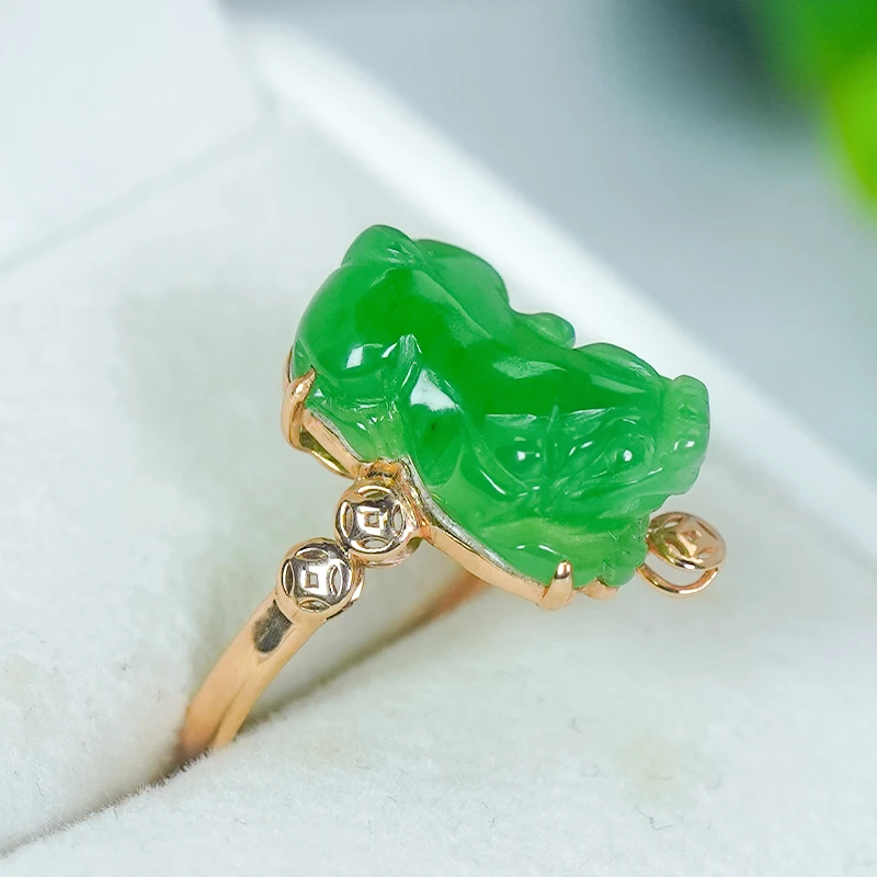 18K金镶嵌气质百搭简约风天然和田玉碧玉貔貅戒指（玫瑰金）