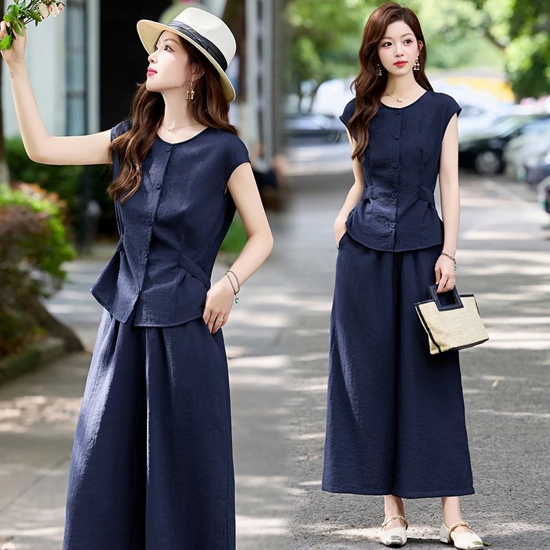 松弛感休闲套装女2025年夏季新款高级感通勤宽松小衫阔腿裤两件套