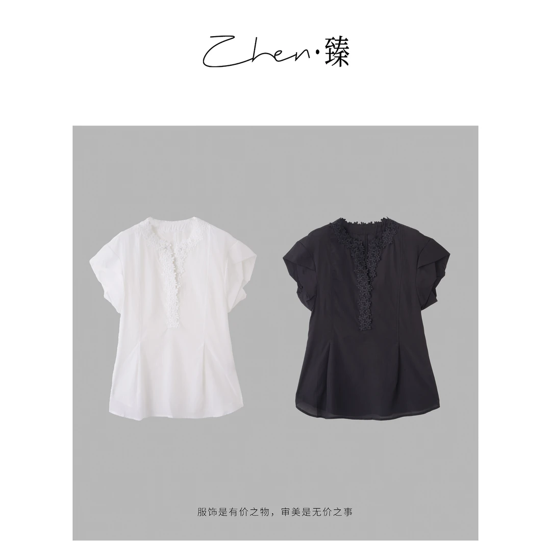 ZHEN.臻 南油高品V领绣花轻奢纯色宽松衬衣短袖衬衫CS8075Z