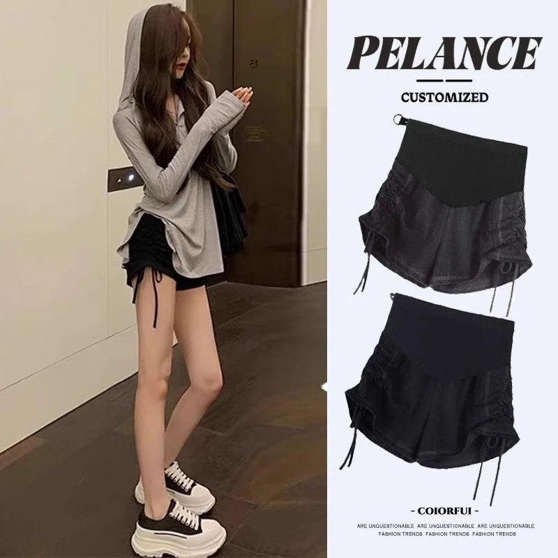 孕妇抽绳褶皱阔腿短裤夏季薄款外穿纯欲风性感直筒打底裤