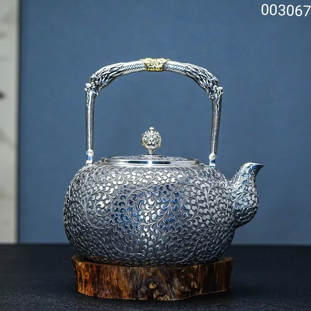 足银玻璃银制品 【半山工坊】纯手工一张打满工錾刻缠枝 纹烧水