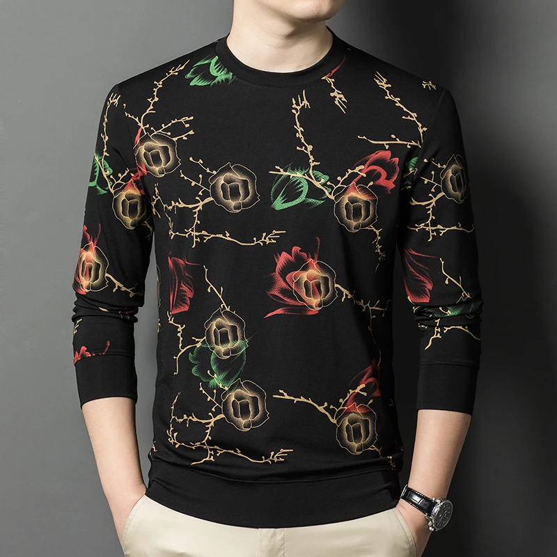 春季新款打底衫男士长袖印花圆领秋季上衣春秋时尚薄款潮流中青年