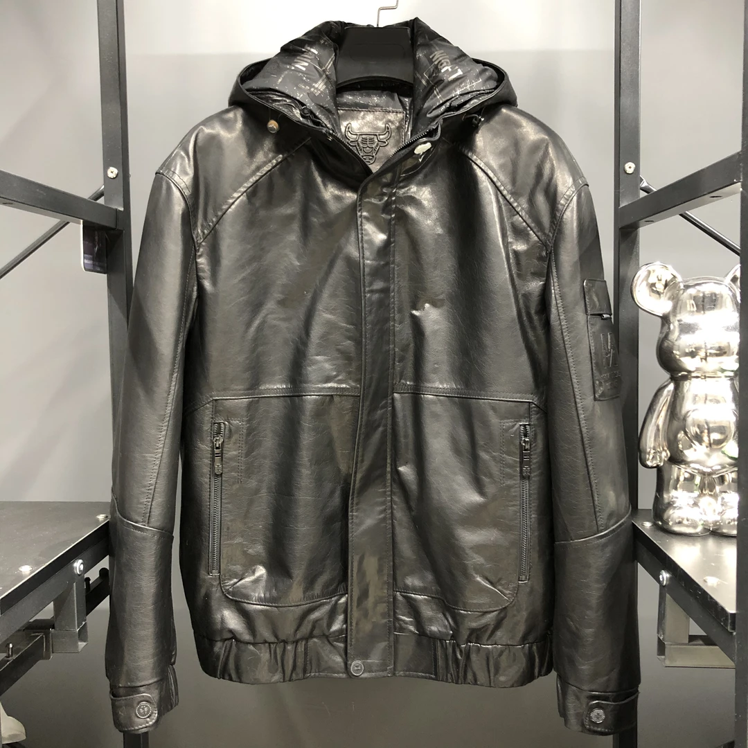 2608连帽男可脱卸内胆加厚头层牛皮真皮皮衣春秋冬季外套