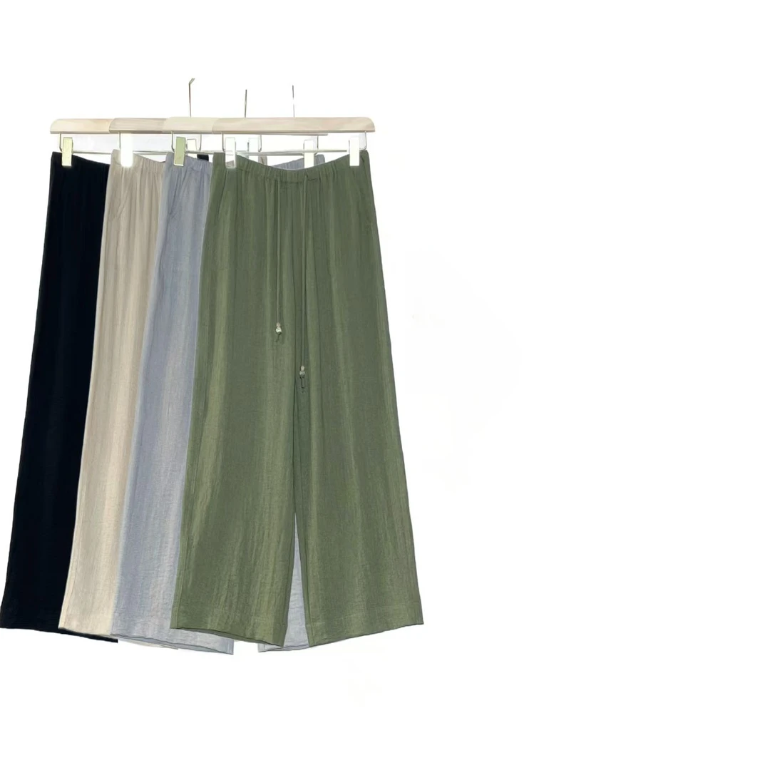 夏季新款亚麻弯刀垂感老钱风宽松显瘦阔腿裤-8