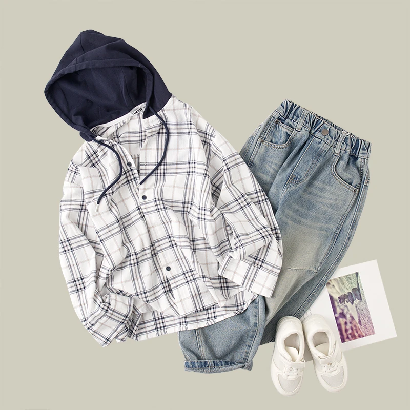 吴小越w1019男童衬衫长袖格子儿童上衣春秋款韩范中大童外套翻领