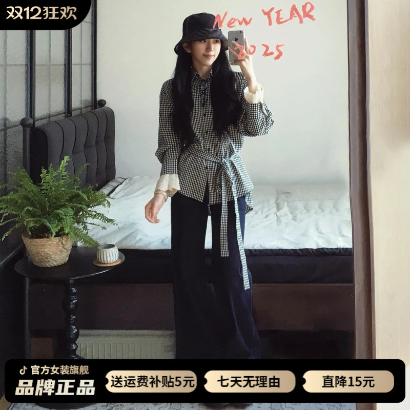 2025新款韩系高级气质黑色格子衬衫女早秋季法式收腰衬衣长袖上衣