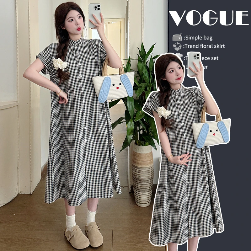 【小智】孕妇装2025夏新款日系复古文艺宽松格子裙可哺乳衬衫裙