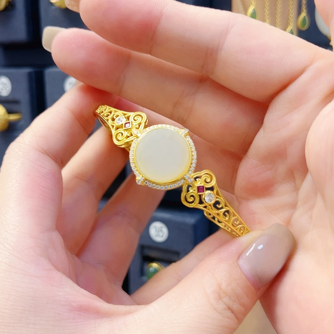 和田玉银S925镀金镶嵌手镯