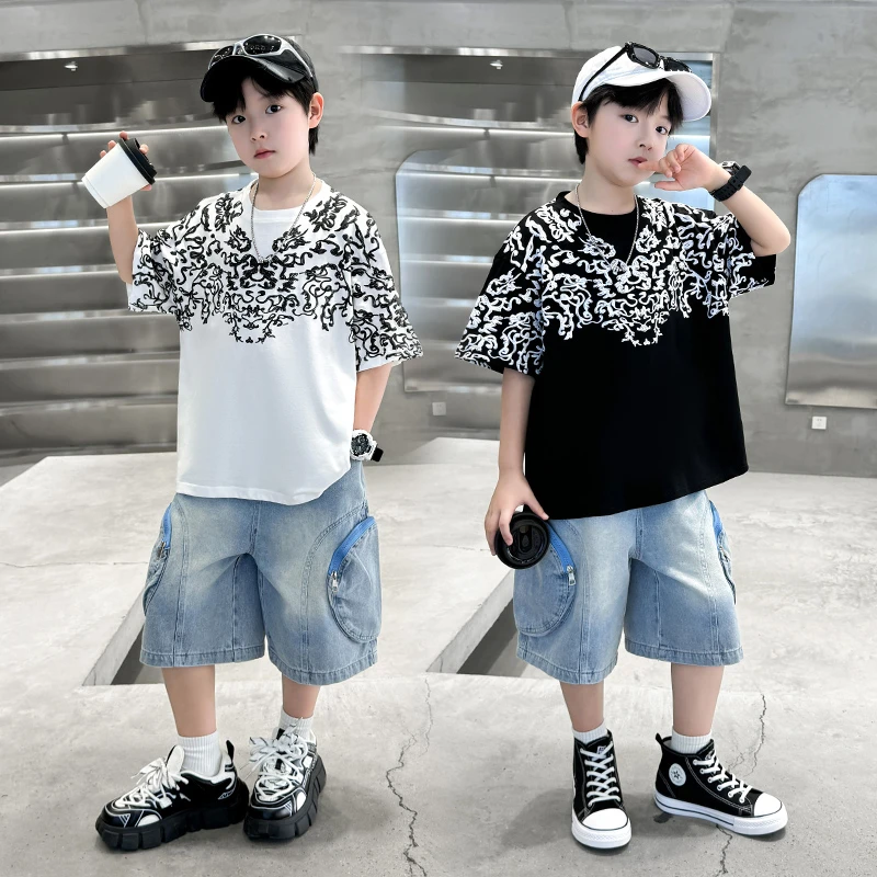 男童夏季韩版宽松薄款印花套装中大童炸街时尚T恤套装