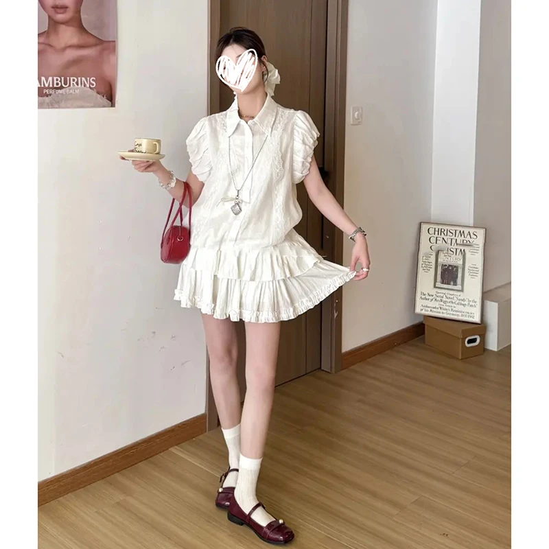 【夏天的风】夏季新款甜美花苞袖白衬衫短袖蛋糕裙两件套装