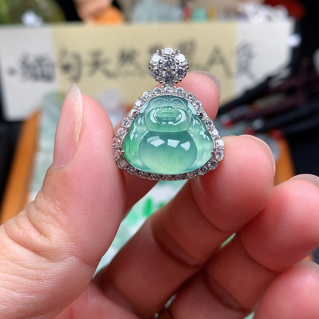 翡翠裸石银S925镶嵌缅甸天然A货翡翠冰种佛公