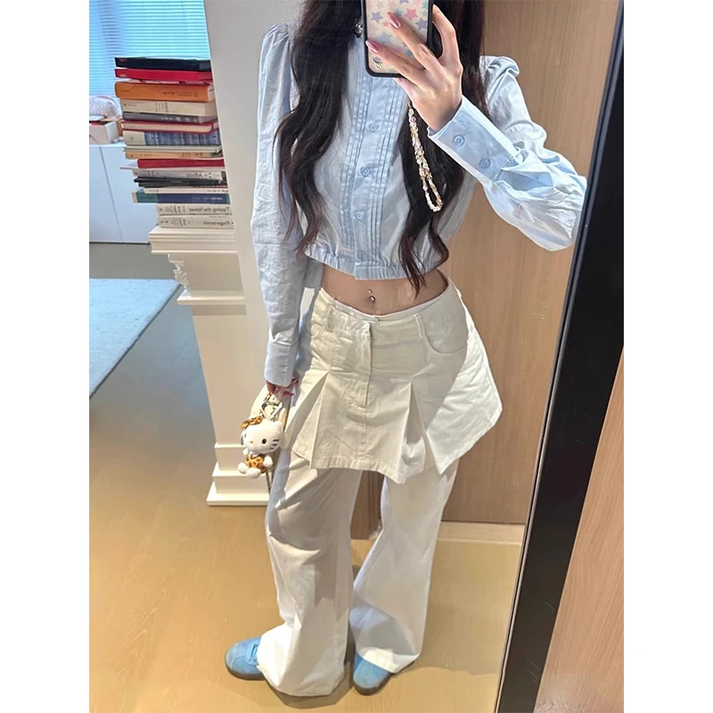 韩系叠穿假两件屁帘白色牛仔裤女秋季新款宽松显瘦百搭直筒阔腿裤