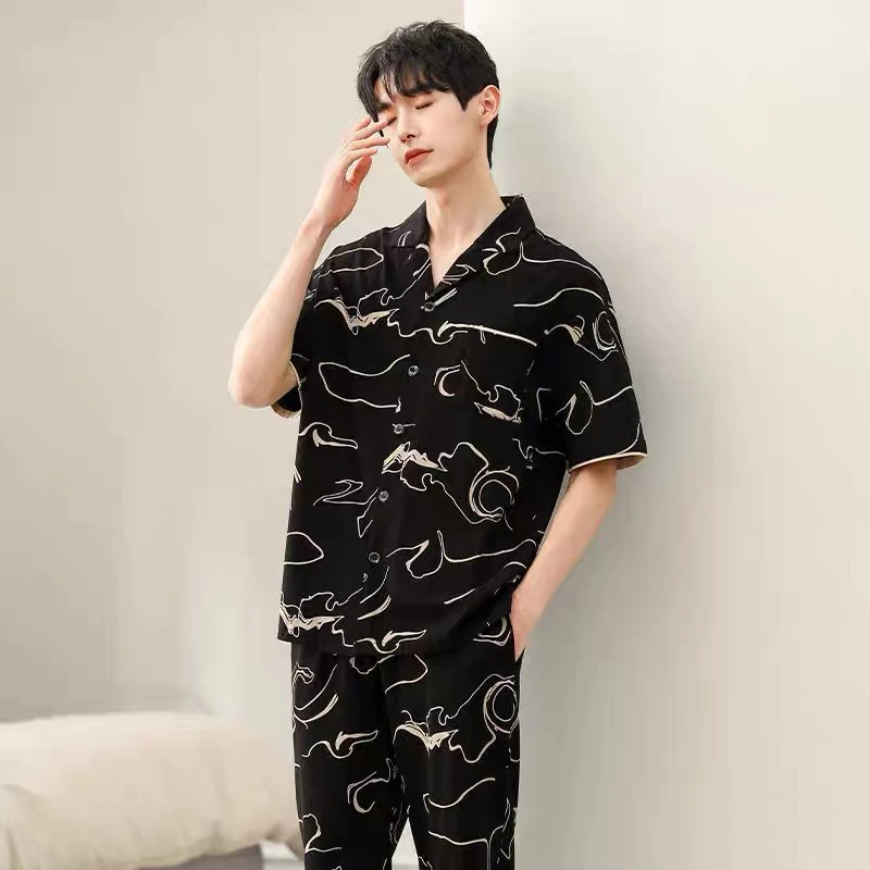 品牌撤柜100%纯棉男士短袖长裤宽松可外穿休闲家居服套装（祥云纹）