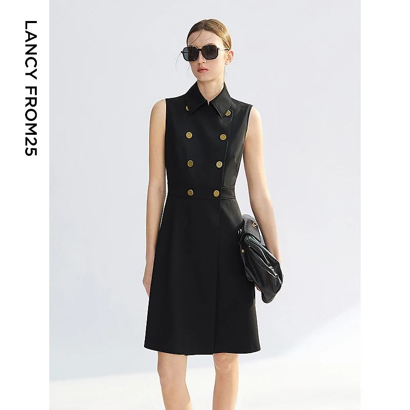 朗姿复古风双排扣翻领无袖收腰a字黑色气质连衣裙2025年夏季新款