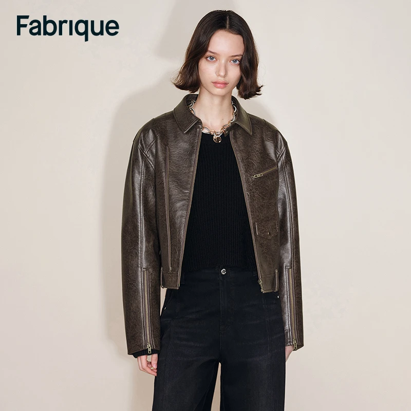 Fabrique Lizzie 秋冬新品做旧擦色环保皮短款赛车街头感复古夹克