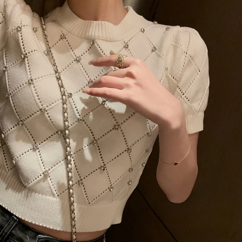 小香风白色短袖针织衫t恤女夏季高级感正肩泡泡袖镂空短款上衣薄